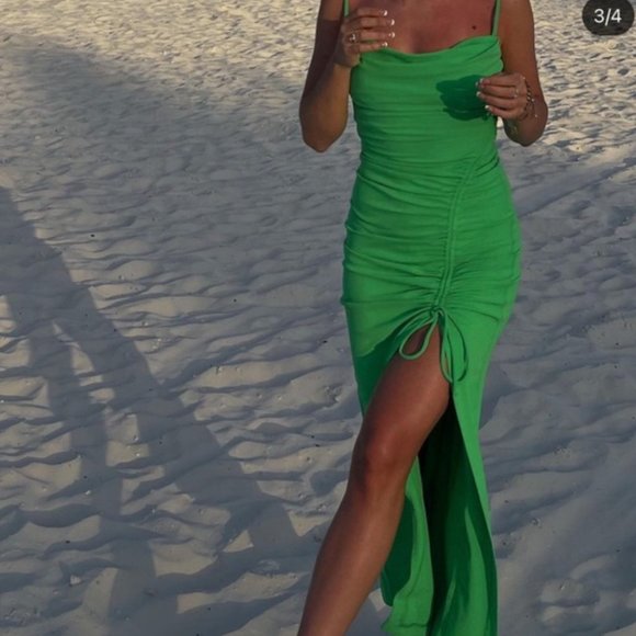 ZARA STRETCH KELLY GREEN SWEETHEART DRAPED DRAWSTRING SLIT MIDI MAXI DRESS $59.9 - Picture 4 of 17